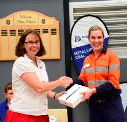 Moura State School Principal Laurel Bowkett (left) was excited to accept Anglo American's donated iPad from Dawson mine Human Resources Superintendent Leah Brosnan.
