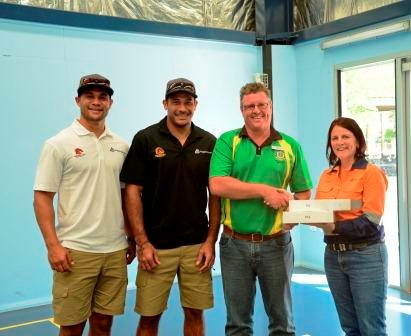 (From left) Brisbane Broncos stars Jharal Yow Yeh and co-captain Justin Hodges were on hand to celebrate Anglo American's donation of two iPads to Biloela State School Principal Matt Sahlqvist from Callide mine Human Resource Superintendent Stephanie Oppermann.