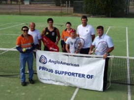 Drayton mine Information Management Coordinator Perry Ng joined Olympic Park Tennis Club members George Smith, Gordon Akauma, Drayton mine Scholarship student Emma Berriman, Club member Alex Bates, Drayton mine operator and Club member Craig Bates and Club President Tony McTaggart in celebrating the $4,500 donation to the Club from Anglo American.